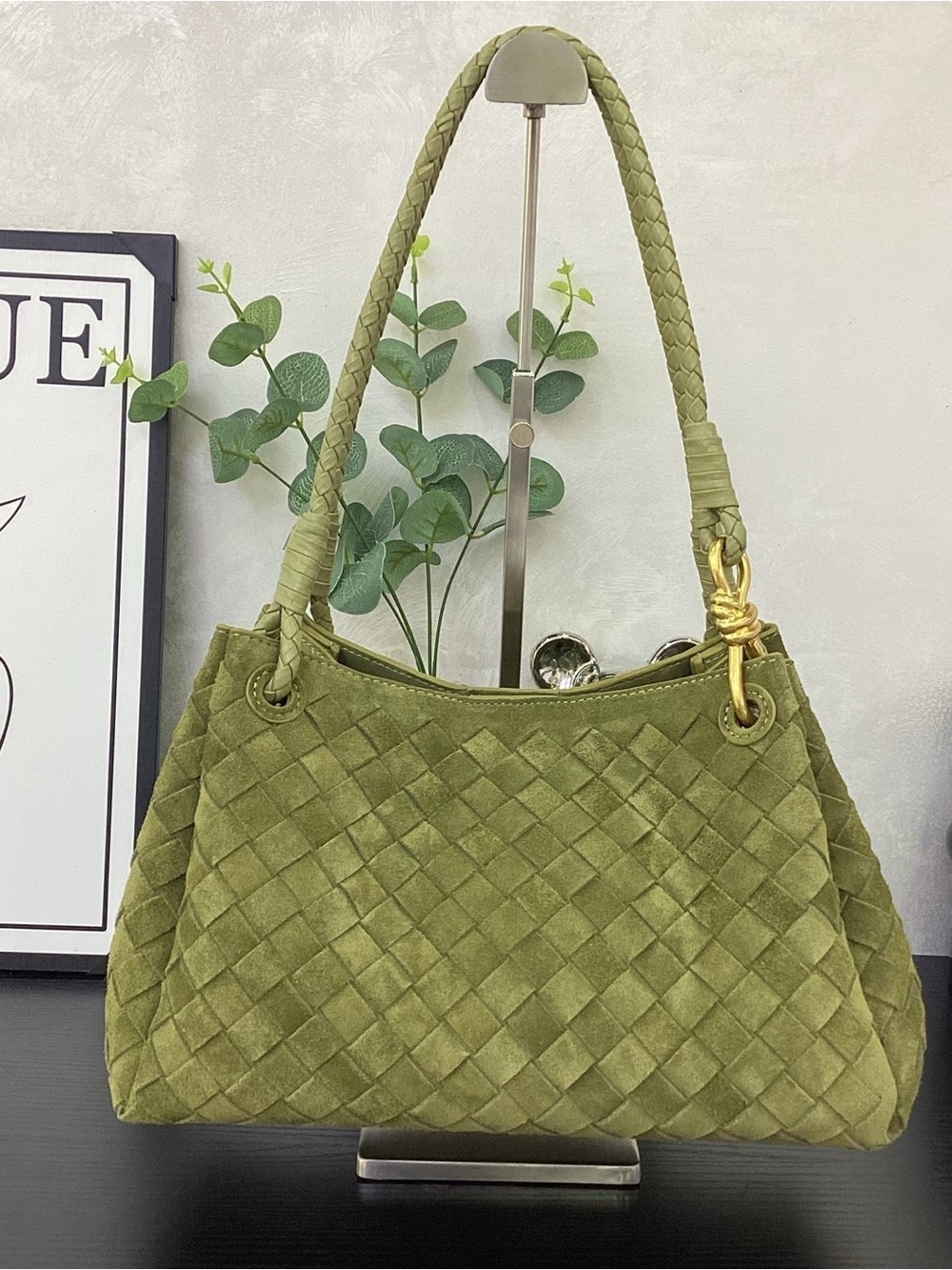 Woven Shoulder Bag in Olive Green with Braided Handle